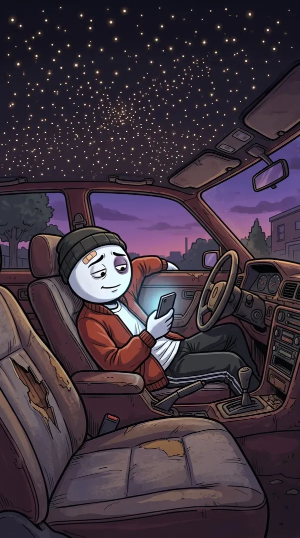Dre en su coche con el techo de estrellas