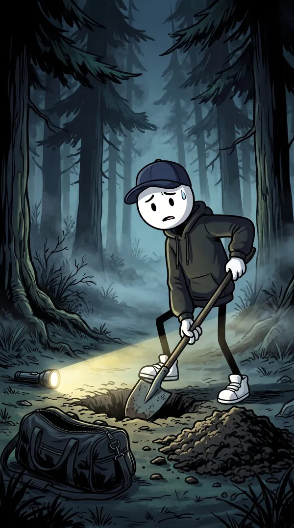 El protagonista entierra una bolsa en el bosque de noche